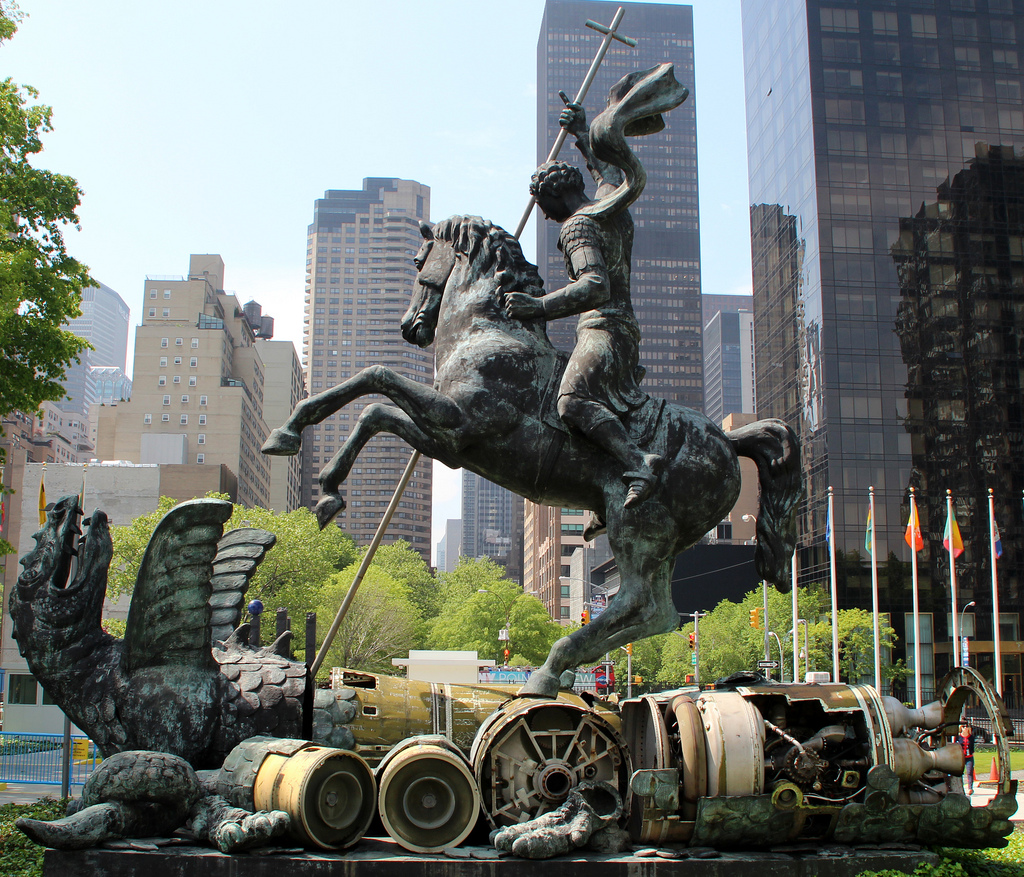 "Good Defeats Evil"  stands outside the United Nations. It was sculpted from fragments of disarmed nuclear missiles from the US and Russia.
